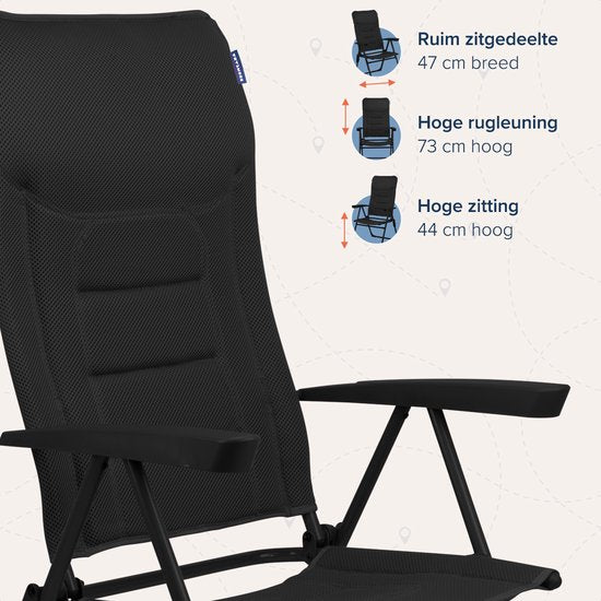 TRVLMORE Chaise de camping - 7 positions - Chaise de camping confortable - Capacité de charge de 120 kg - Position allongée - Chaise pliante - Chaise pliante - Noir