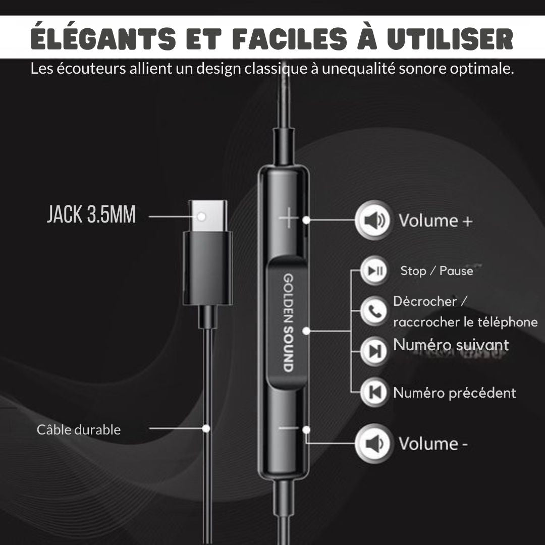 Écouteurs filaires Golden Sound - avec microphone - Connecteur USB-C - Noir