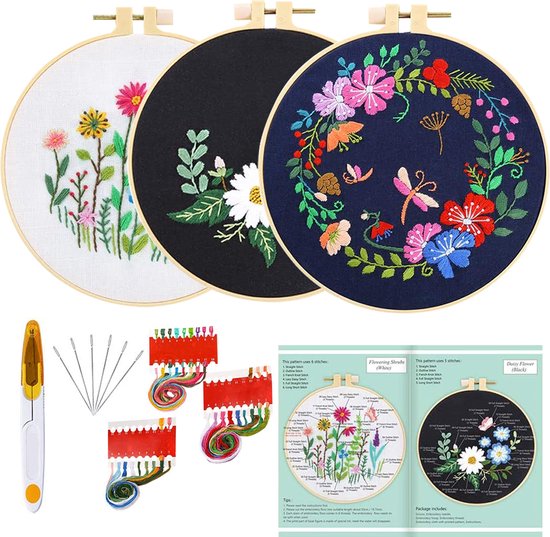 Happy Goods Kit de broderie fleurs et oiseaux - Kits de broderie adultes - Set de 3 broderies - Hobby et loisirs créatifs - Broderie