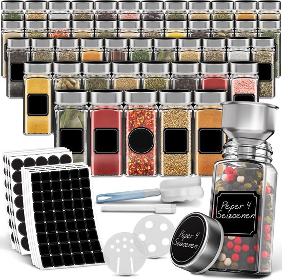 Soothe 48 pots à épices carrés en verre avec couvercle en acier inoxydable - 2 types de couvercles à saupoudrer - Spice Spreader - pots à épices - Set complet avec stickers à épices, stick à craie et accessoires - 120ml