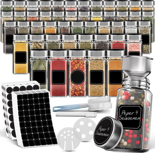 Soothe 48 pots à épices carrés en verre avec couvercle en acier inoxydable - 2 types de couvercles à saupoudrer - Spice Spreader - pots à épices - Set complet avec stickers à épices, stick à craie et accessoires - 120ml