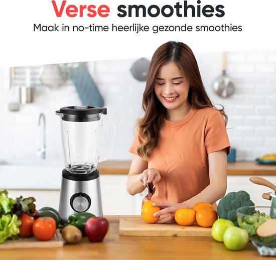 Mixeur - Kitchenwell - Bledner à smoothie - 1300 watts avec gobelet - 1,75 litre - Récipient en verre - Acier inoxydable