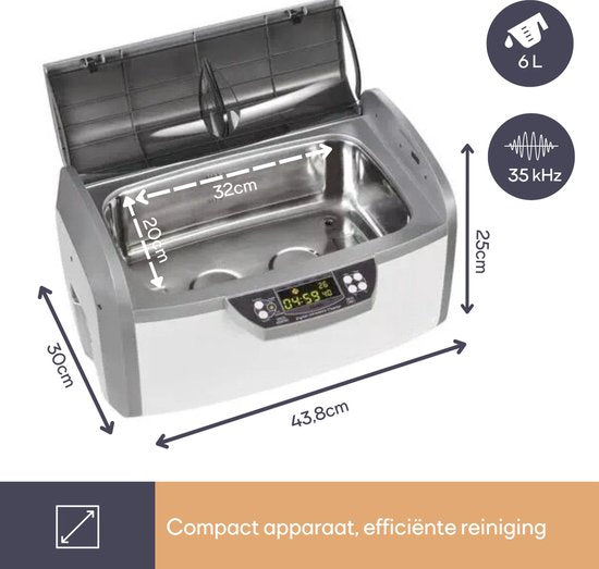 Perel Nettoyeur à ultrasons 6 L - Fonction dégazage - Vanne de vidange - Minuterie et température réglables - Panier amovible et porte-montre - Usage professionnel - 310 W, 35 kHz - Blanc