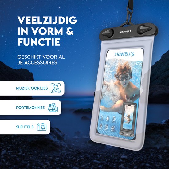 Travelly® Waterproof Phone Case Set of 2 - Universal Underwater Case for Smartphone - Convient à tous les téléphones - Drybag - Pour les vacances, la natation et les sports nautiques - Transparent/Blanc