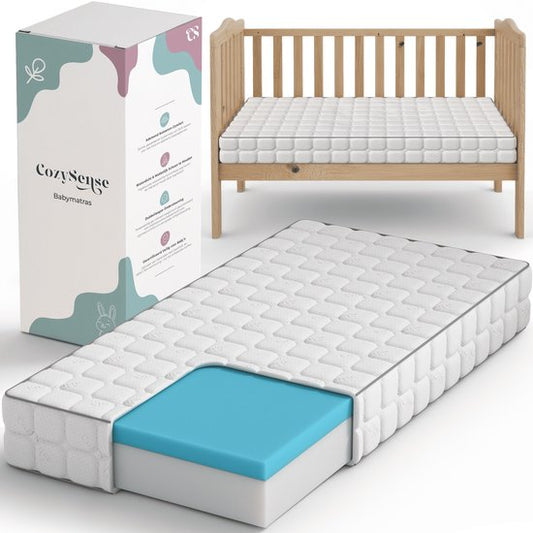 CozySense® Baby Mattress 60x120 - Lit bébé - Pour les bébés et les jeunes enfants - Housse 100% coton - Imperméable et hypoallergénique - Mousse à mémoire de forme au gel réduisant la pression