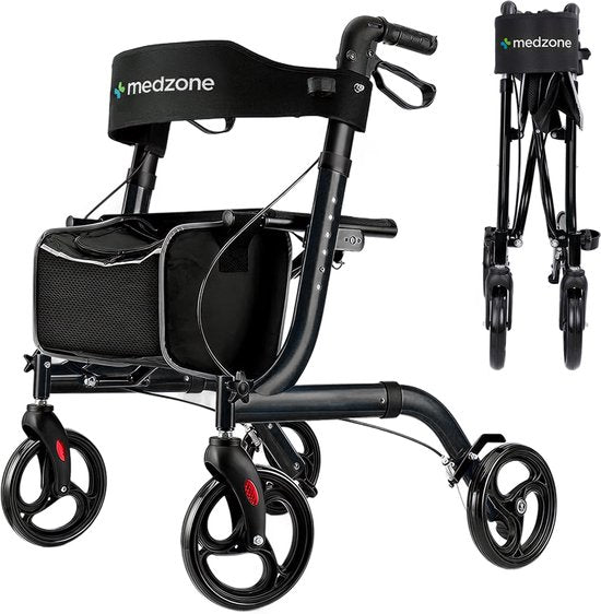 Déambulateur Medzone léger et pliable - intérieur et extérieur - fonction siège - dossier et support pour canne - noir