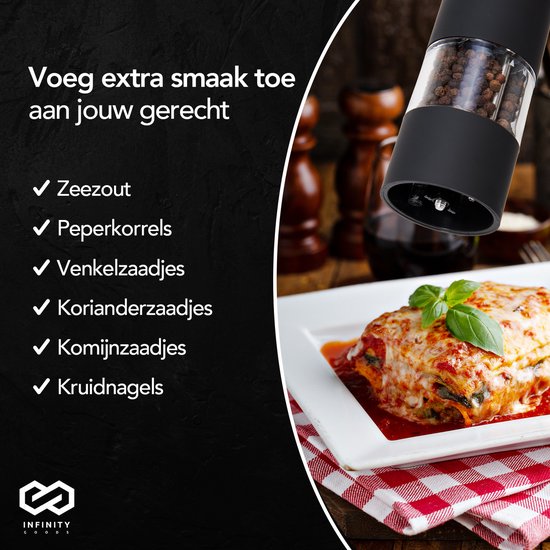 Infinity Goods Moulin à poivre et à sel électrique - Moulin à poivre - Moulin à sel - Moulin à épices - Noir