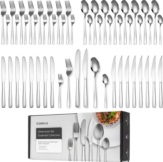Deleca 8 Person Cutlery Set Essential (48 pieces) - Spoons, Knives, Forks, Steak Knives & Pastry Forks - Dishher Safe Cutlery - Shiny Silver / Stainless Steel