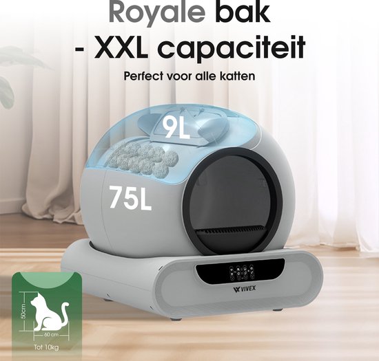 Vivex® Automatic Litter Box - Bac à litière autonettoyant avec application - 75L - avec tapis et 5 sacs de ramassage en rouleau - XXL