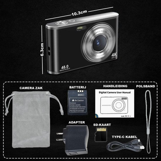 K&L Digital Camera 4K - Appareil photo - Caméra photo - Caméra compacte - Caméra Vlog - Pour les enfants - 64GB inclus - NL Software