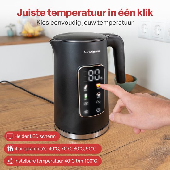 Bouilloire AoraKitchen - Ecran tactile LED - Réglage de la température - Bouilloires - 1.7L - Electrique - Cool Touch - Noir