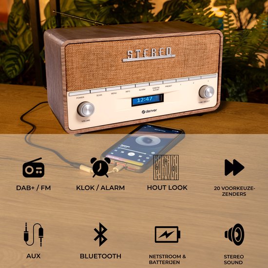 Denver DAB Radio XL - Radio rétro - Bluetooth - DAB+/ FM - Batteries et secteur - DAB36LW