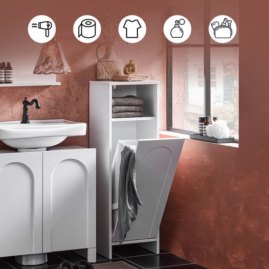 SoBuy BZR161-W Meuble de salle de bains - Bois composite blanc avec sac à linge pliable