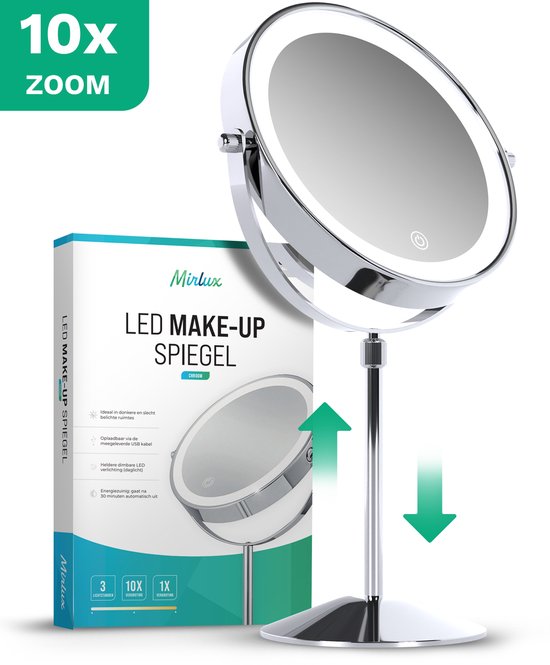 Mirlux Miroir de maquillage de luxe avec lumière LED - grossissement 10x - réglable et rechargeable - 3 niveaux de lumière - chrome - Miroir de maquillage - Miroir avec lumière LED