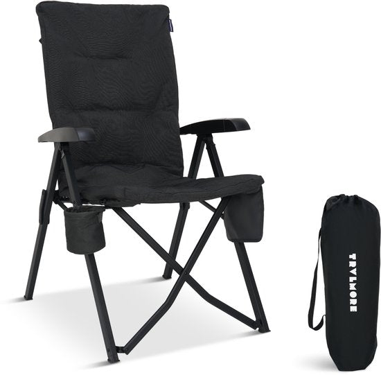 TRVLMORE Chaise de camping de luxe - pliable - capacité de charge de 150 kg - sac de transport inclus - chaise pliante - chaise de camping - chaise pliante - noir