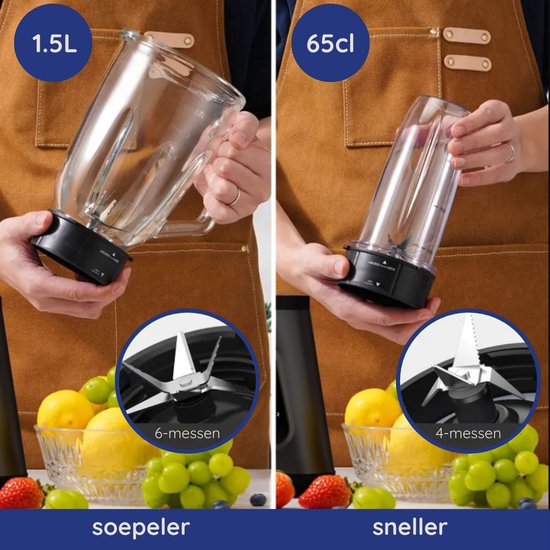 Safecourt Kitchen Blender - Blender puissant de 1200 watts avec gobelet To-Go - 3 supports - Noir