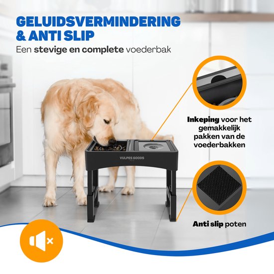 Vulpes Goods® Pets - Bol à nourriture pour chien avec support - Bol à boire pour chien anti-éclaboussures - Bol anti-mâchouillement pour chien - Bol à nourriture surélevé - 4 hauteurs - Mangeur lent - Double - Noir