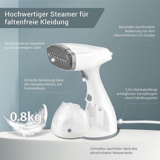 LEBENLANG Fer à vapeur - Sèche-mains avec LCD et 2 accessoires - 1500W - 300 ml - 7 x 4 x 10 cm - Blanc