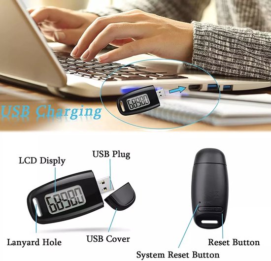 Garpex® Podomètre avec clip et cordon de transport - Chargement USB - Traceur d'activité - Podomètre - Grand écran - Poche - Noir