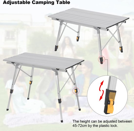 Rootz Camping Table - Bureau de pique-nique portable - Surface extérieure pliable - Support de voyage compact - Dîner en plein air - Mobilier de camping - Argent - 90x52.2cm