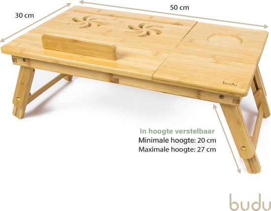 Budu Table pour ordinateur portable - Table de lit - Table de canapé - Table pour ordinateur portable réglable - Table pour ordinateur portable en bois de bambou - Support pour ordinateur portable - Table pour petit déjeuner - Petit déjeuner au lit