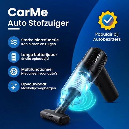 CarMe Aspirateur de voiture 2-en-1 - Aspiration et soufflage - Dépoussiéreur - 7 accessoires - Rechargeable - Aspirateur à main - Airduster - Noir