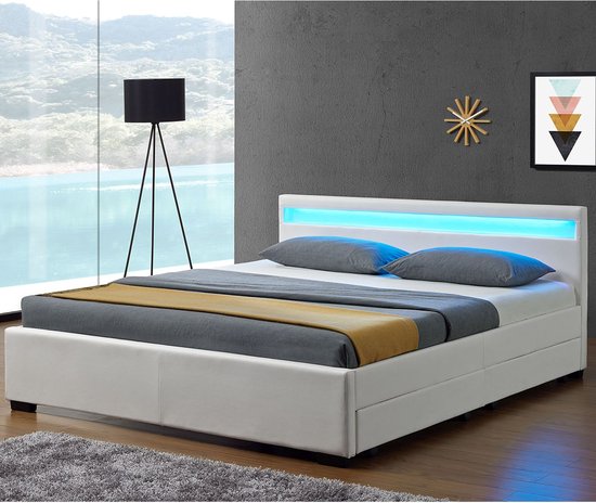Lit capitonné Lyon - 140 x 200 cm - Blanc - LED Lighting & Bed drawers