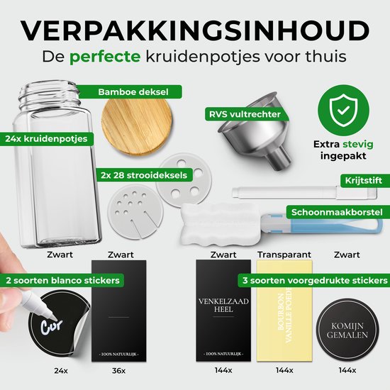 Soothe 24 pots à épices carrés en verre avec couvercle en bambou - 2 types de couvercles à saupoudrer - Spice Spreader - pots à épices - Set complet avec stickers à épices, stick à craie et accessoires - 120ml