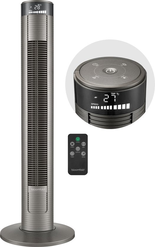 Ventilateur de tour Bloomfold - 38 pouces - Gris - Télécommande - Mode veille - Minuterie 12 heures - Affichage LED complet