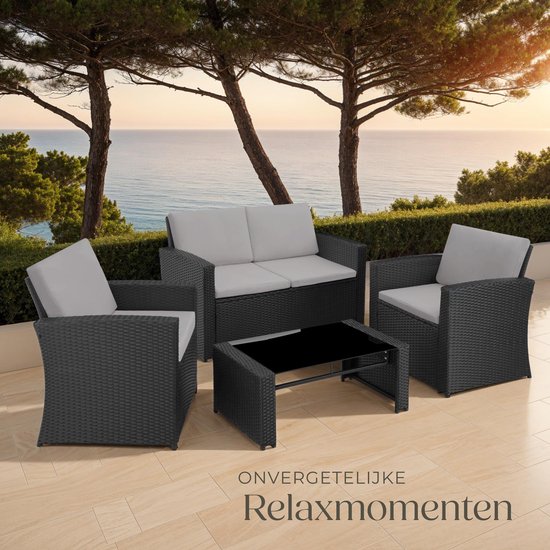 tectake® Ensemble de jardin en osier pour 4 personnes - Banc de jardin 2 places et 2 chaises de jardin - Table avec plateau en verre amovible - Coussins d'assise et de dossier confortables - Ensemble de salon pour jardin, terrasse, balcon - Noir