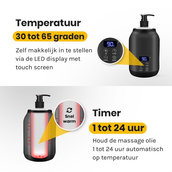 Bolusso Black Massage Oil Heater - Chauffe-huile de massage 30 à 65 degrés - Guasha - Appareil de massage - Comprend 2 distributeurs et un outil de massage - Chauffe-bouteille électrique - Huile de massage érotique
