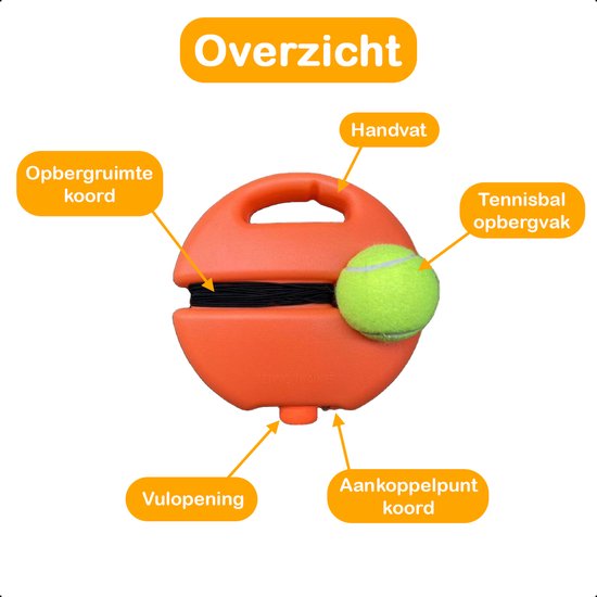 Perche de tennis - Entraîneur de tennis - Set avec élastique et balle de tennis - Orange - Pour le jardin - Enfants - Classique - Pro - Vacances - Adultes