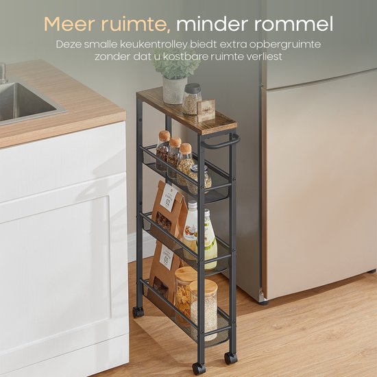 O'DADDY® Kitchen Trolley - Chariot à roulettes étroit - Ilot de cuisine - Chariot de service - Chariot de cuisine à roulettes - Chariot de cuisine - Design industriel - Bois brun - Métal noir
