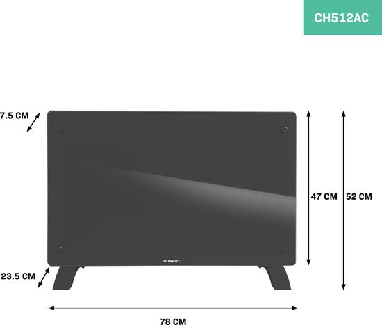 Chauffage électrique - VONROC - Convecteur avec panneau en verre - 1000W/2000W - Chauffe les pièces jusqu'à 24m2 - Contrôlé par l'application (via Wifi) et manuellement - Thermostat et minuterie réglables - Gris