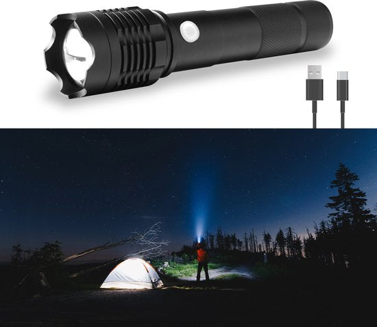 Lampe de poche LED rechargeable FlinQ - Lampe de poche militaire rechargeable - Visibilité jusqu'à 1200 mètres - Design en aluminium résistant aux éclaboussures - Lampes de poche pour kit d'urgence - Noir