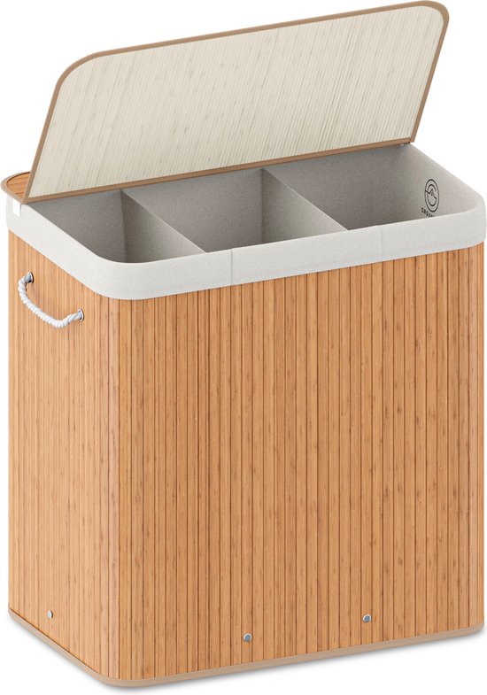 Panier à linge Organess 3 compartiments - Trieur de linge - Panier à linge avec couvercle - Pliable - 150L - Bambou
