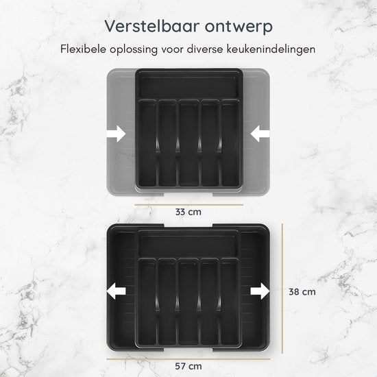 Deleca Range-couverts coulissant avec 8 compartiments - Range-couverts pour tiroir - Range-couverts pour tiroir de cuisine - Porte-couverts pour la cuisine - 57 x 38 cm - Plastique / Noir