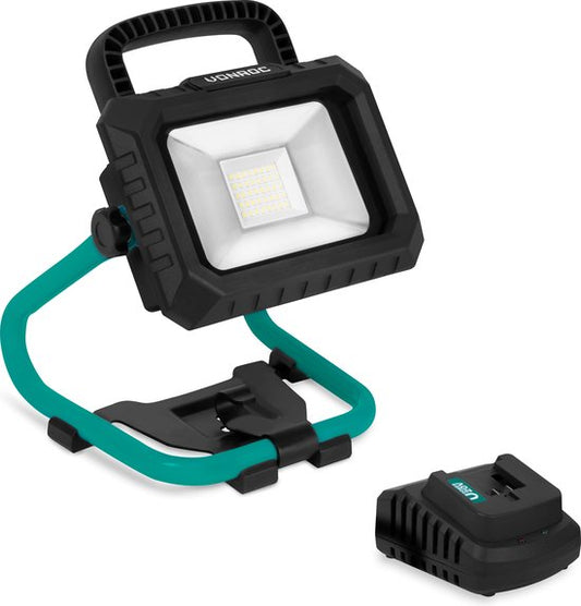 VONROC Lampe de chantier à batterie 20V - LED - 20W - 2 modes : 900/1800 lumens - inclinable - grand angle de rayonnement - Batterie 2.0Ah et chargeur rapide inclus