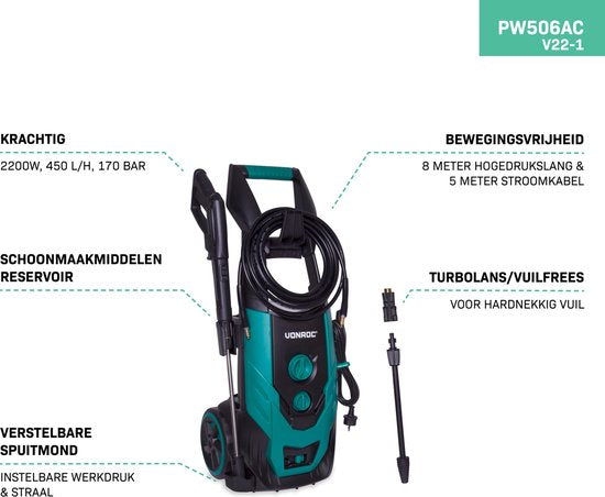 VONROC Nettoyeur haute pression V22-1 2200W - 170 bar - 450 l/h - Avec tuyau de 8m, réservoir de détergent, buses et accessoires