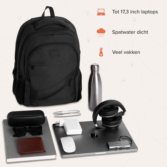 TRVLMORE Sac à dos avec durée de vie - Sac à dos avec compartiment pour ordinateur portable 17 pouces - Cartable - Résistant aux éclaboussures - Hommes et femmes - Garçons et filles - 36L - Noir