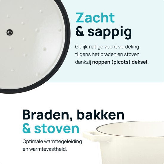 MOA Casserole en fonte - 5,7L - Pour toutes les sources de chaleur y compris l'induction - Avec couvercle - Ø 26cm - Revêtement antiadhésif - Blanc