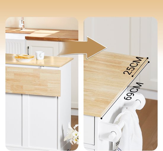 SoBuy FKW129-WN Chariot de cuisine sur roulettes - Ilot de cuisine avec plan de travail coulissant, 2 tiroirs et étagères réglables - Chariot de cuisine mobile ou meuble de table à manger, blanc 113x91x(44-69) cm