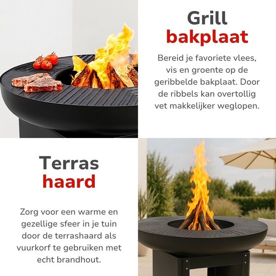 alpina 3-in-1 Fire Pit and Griddle - Foyer de jardin 61 x 90 cm - avec gril Teppanyaki - Plancha BBQ avec rangement pour le bois de chauffage - Foyer d'extérieur - Métal