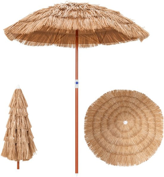 COSTWAY Parasol Hawaii, Base de parasol non incluse, paravent de plage inclinable, paravent de jardin, hauteur réglable, protection contre les UV, parasol en paille pp, parasol de marché, naturel, 155 cm