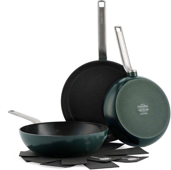 GreenPan Evolution Pine Green ceramic induction pan set 3 pieces - Sans PFAS - Poêle à induction - Poêle wok à induction 28cm - Va au lave-vaisselle - Va au four jusqu'à 200°C - Aluminium recyclé - Poignée en acier inoxydable - Vert