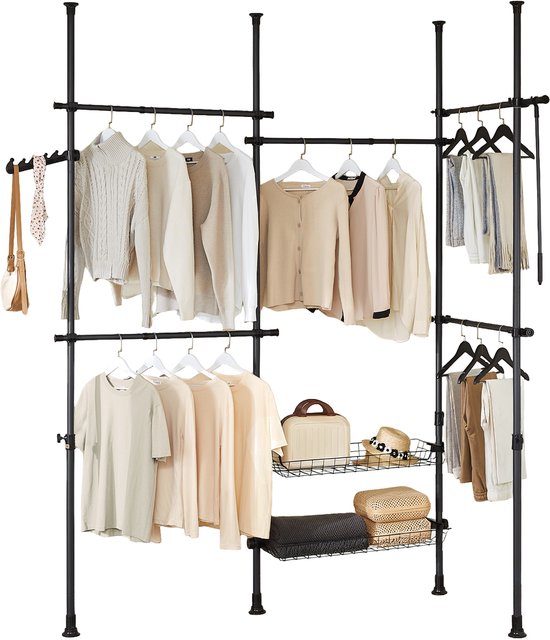 SoBuy Penderie télescopique - Penderie ouverte réglable avec tringles à vêtements et étagères - Noir, L(209-311) x H(200-295) cm, KLS04-II-SCH - pour Chambre à coucher, Walk-in Closet