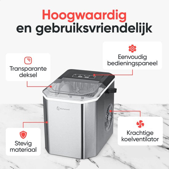 Kitchenwell Machine à glaçons - 1.3L - Machine à glaçons - Cuillère à glaçons - 12kg/24 heures - Portable - Fonction auto-nettoyante - acier inoxydable