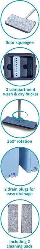 alpina mopping system with bucket - mop incl. 2 microfibre cloths - for hard floors - 360° rotation