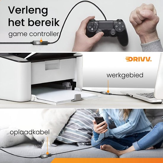 Drivv. Premium USB Extension Cable 3.0 - Male to Female - USB Data Cable - Fast Transfer - 5Gbps - Nylon - 1 Mètre - Noir