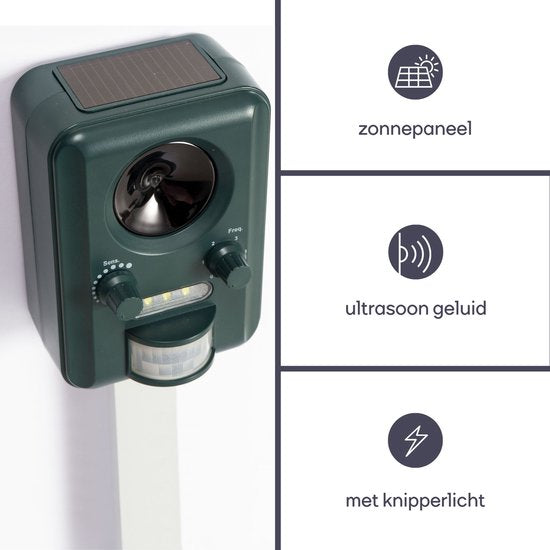 Perel Répulsif ultrasonique à énergie solaire, extérieur, répulsif contre les souris, les rats, les insectes, les chats, les martres, les oiseaux, les renards, effraie les chats, répulsif contre les martres, rechargeable par usb, jusqu'à 65m².